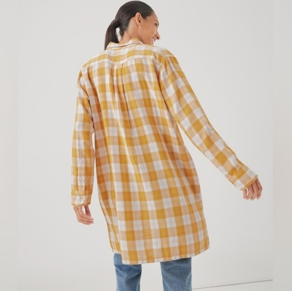 PACT Mustard Yellow Gingham Coastal Double Gauze Oversized Button Up Tunic ML - Picture 5 of 13